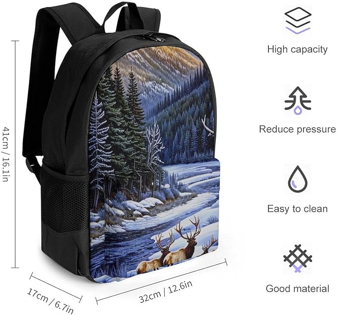 Supdreamc Daypack Backpack Anti-Theft Multipurpose Large Capacity Carry On Bag, Elk Winter Snow Traveling Camping Backpack With Side Pockets