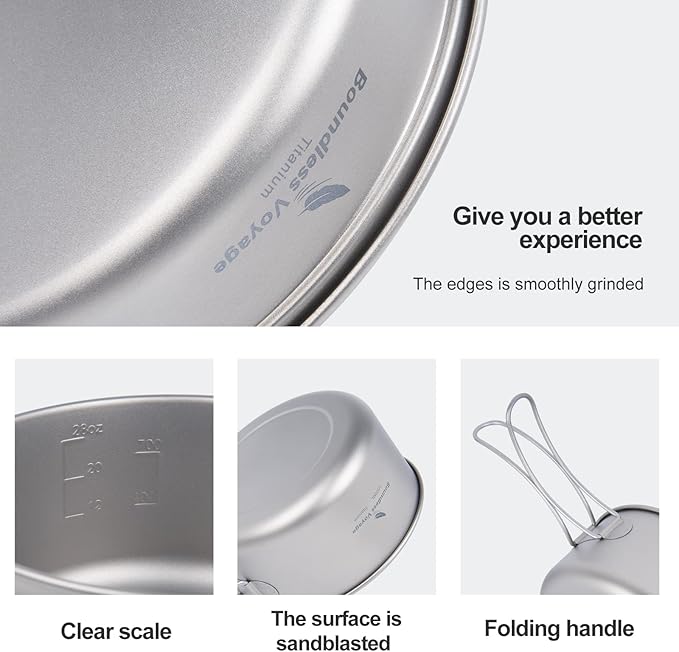 iBasingo Backpacking Cookset Titanium Camping Pots Set Ultralight Outdoor Picnic Pots Pans with Folding Handle Druable Portable Cooking Mess Kit Compact Picnic Dishes Bowls Cups (Multiple Sizes)