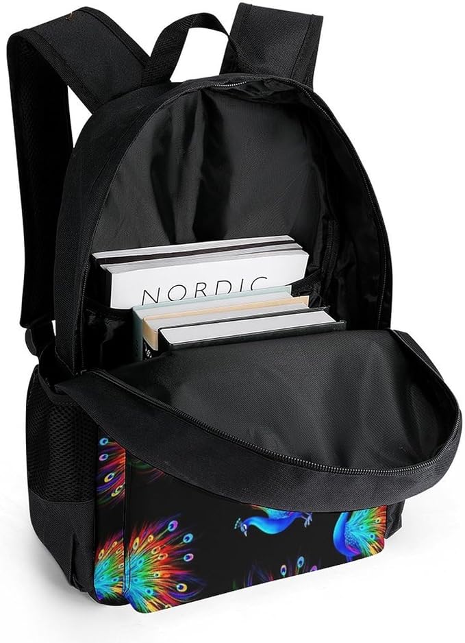Men Women Polyester Rainbow Peacock Art Black Daypack Backpack Large Capacity Carry On Bag With Smooth Zippers for Hiking Picnic Walking Cycling
