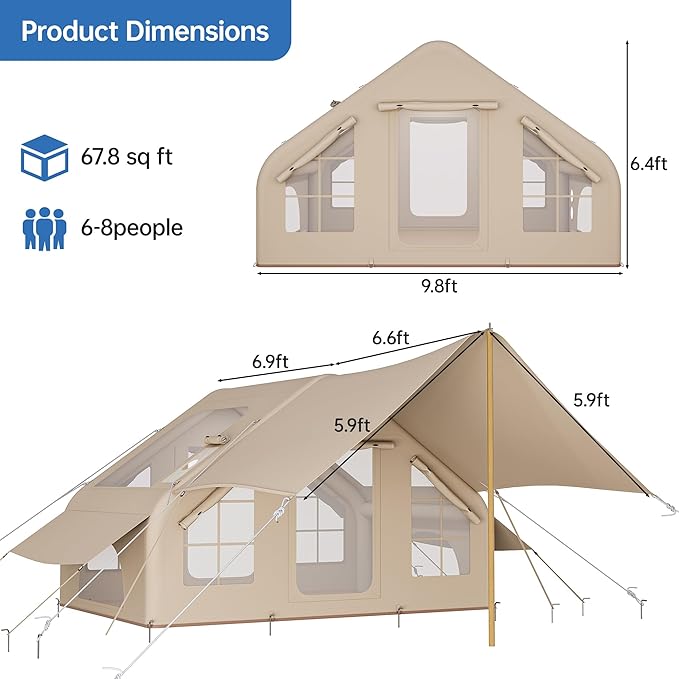 Inflatable Camping Tent with Pump & 1/2 Awnings, 8-14 Person Air Tents for Camping Adult, Large Waterproof Oxford Family Glamping Tent, Quick Setup Big Tent for Outdoor Camping