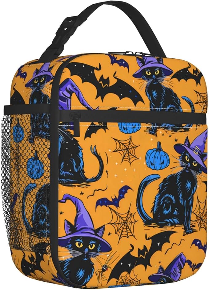 Reusable Black Cat Lunch Box for Kids Girls Boys Women Adult, Insulated Cute Lunch Bag,Polyester Cooler Pumpkin Handbags Case for School Picnic Work Travel Beach or Hiking (Halloween Orange)