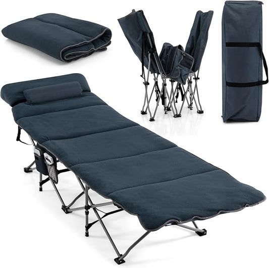 Tangkula Camping Cot for Adults, Folding Sleeping Cot with Removable Mattress, Pillow, Side Pocket, Portable Indoor Outdoor Cot Bed with Carry Bags for Travel, Camp, Office, Home (Blue)