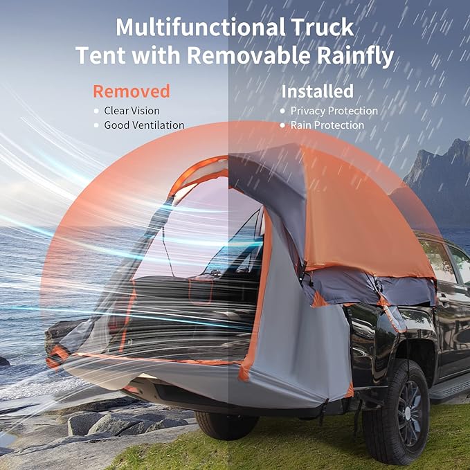 Goplus Truck Bed Tent, Waterproof PU2000mm Pickup Truck Tent for 2 Person with Removable Rainfly, Carry Bag, Mesh Windows, 5’-5.2’ Portable Mid Size Short Bed Truck Tent for Camping, Traveling, Hiking