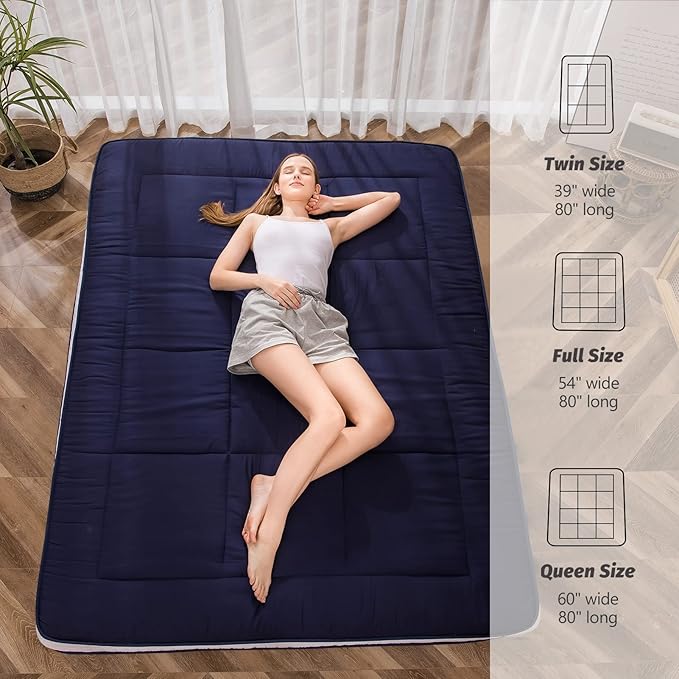 MAXYOYO Futon Mattress, Padded Japanese Floor Mattress Quilted Bed Mattress Topper, Extra Thick Folding Sleeping Pad Breathable Floor Lounger Guest Bed for Camping Couch, Navy, Queen