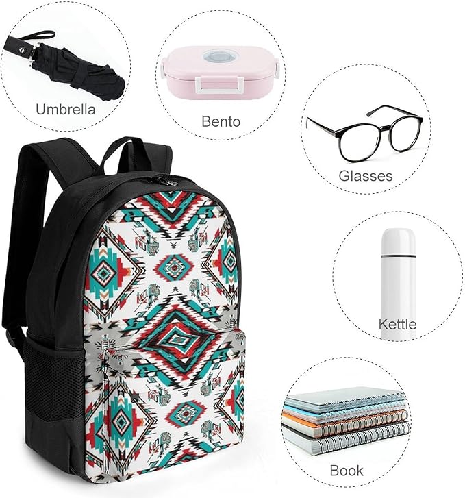 Polyester Daypack Backpack for Trekking Picnic Walking Cycling, Large Capacity Anti-Theft Multipurpose Shoulder Bag, Geometric Indiana Western Southwest Tribal Ethnic Aztec White Casual Daypack