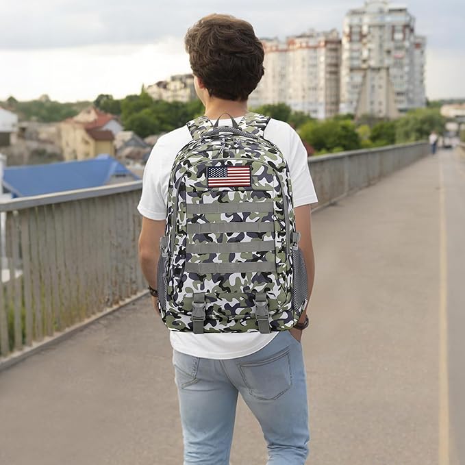 Camo Tactical Backpack for Boys - Waterproof 19'' Kids Bookbag with 15.6" Laptop Compartment, MOLLE System School Bag for Camping Hiking Travel