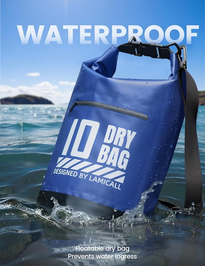 Lamicall Waterproof Dry Bag with Phone Pouch, Floating Roll Top Backpack, 10L, Blue