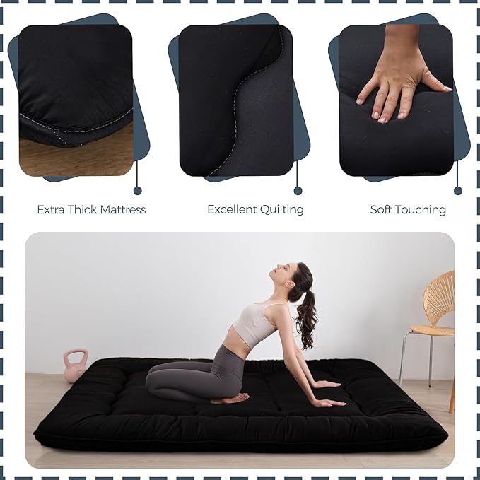 MAXYOYO 6" Thick Japanese Floor Mattress Futon Mattress, Foldable Tatami Pad for Adults, Roll Up Floor Bed for Guest Room Bedroom RV, Black, Queen