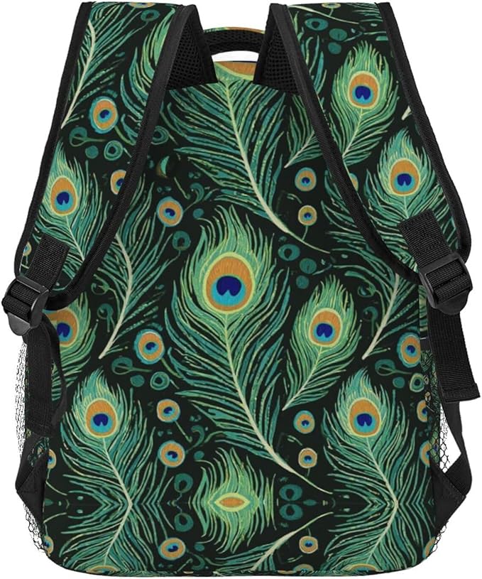 Men Women Lightweight Chic Animal Beautiful Peacock Feather Green Art Backpack Large Capacity Bookbag With Smooth Zippers for Gym Business Running