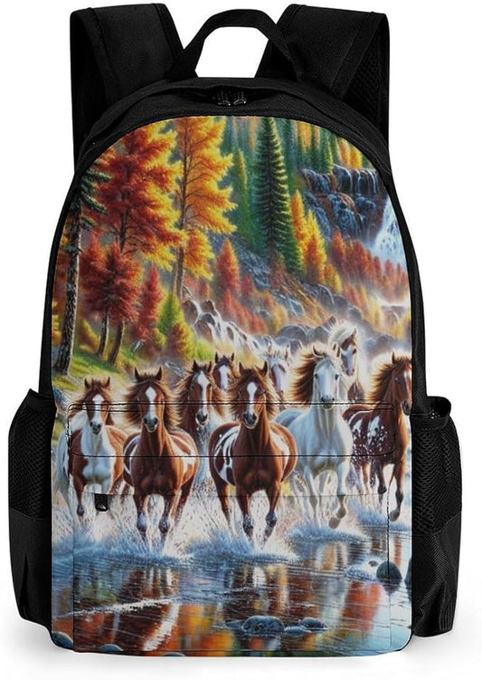 Supdreamc Daypack Backpack Polyester Multipurpose Anti-Theft Beautiful Horses Running In River Waters Shoulder Bag Big Capacity Gym Outdoor Hiking Backpack With Smooth Zippers