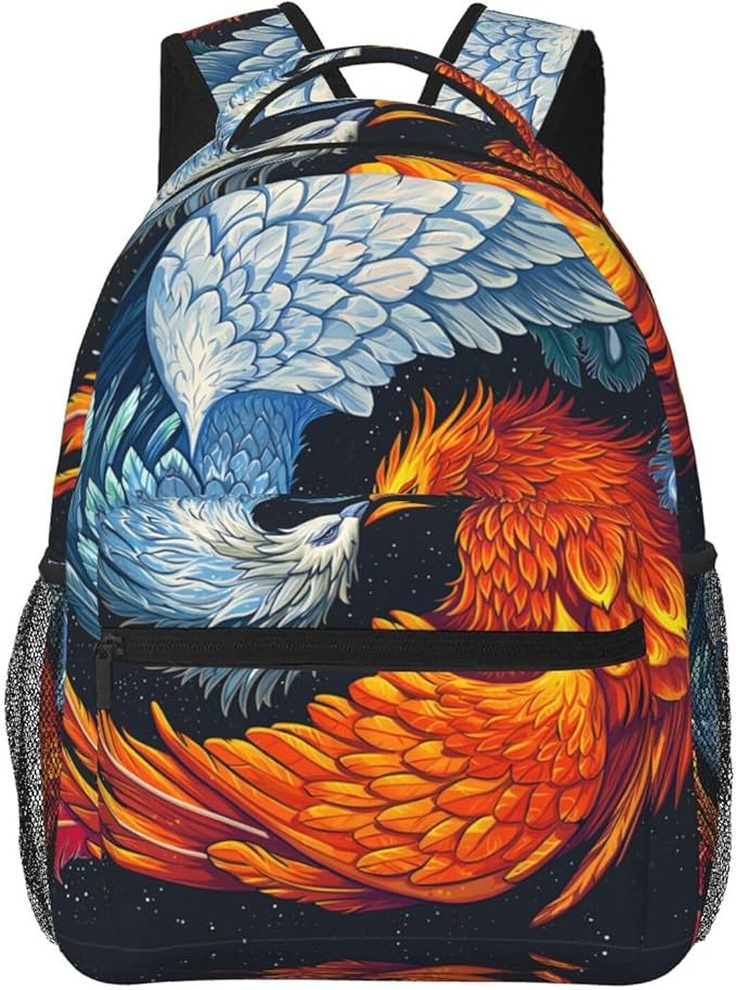 Rucksack Anti-Theft Multipurpose Big Capacity Carry On Bag, Ice Water Fire Flame Phoenix Bird Art Traveling Camping Backpack With Side Pockets