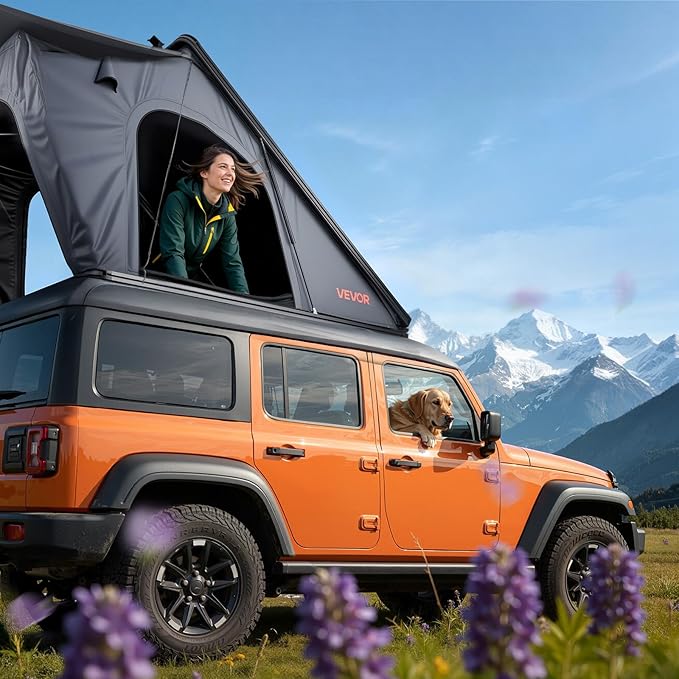 VEVOR Rooftop Tent Hard Shell, 2-3 Person Aluminum Roof Top Tent Hardshell with Tri-Color LED Light, Thick Mattress & 1 Window, Waterproof Windproof Overland Camping Car Roof Rack for Jeep SUV Pickup