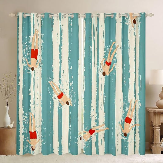Manfei Swimming Boys Girls Room Decor,Swim Sports Games Fitness Blackout Curtains,Swimming Pool Modern Fashion Blackout Curtains,Retro Blue 2 Panels,38Wx45L inch