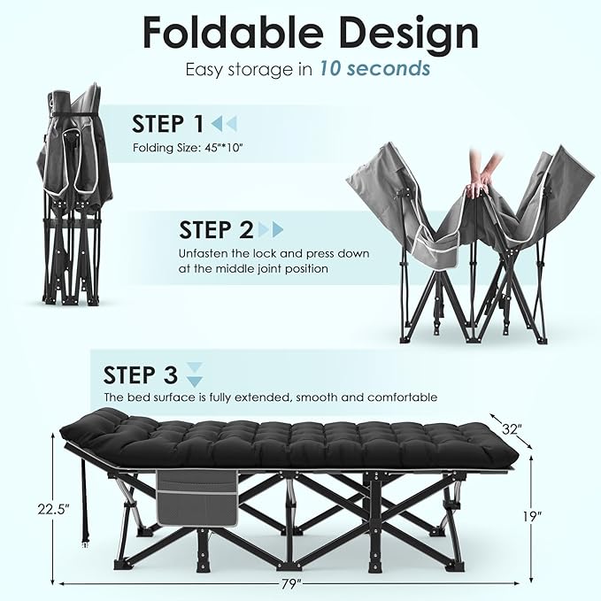 Suteck Camping Cot, 32In XXL Folding Camping Cot Heavy Duty Sleeping Bed for Adults 1200D Double Layer Oxford Cots for Camping W/Pilllow Mattress Carry Bag for Home Office Nap Beach Travel, 900LBS