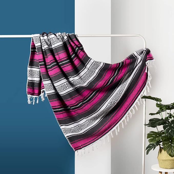 Airooglee 69" L x 51" W Large Mexican Blanket - Perfect as Yoga Blanket, Outdoor Blanket, Beach Blanket, Serape Blanket, Picnic Blanket, Camping Blanket, Woven Blanket, Boho Home Décor - Rose