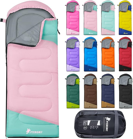 PTEROMY Sleeping Bags for Adults, Lightweight and Machine Washable, Water Resistant Backpacking Camping Sleeping Bag for Warm Cold Weather, Camping Essentials for Hiking Travel