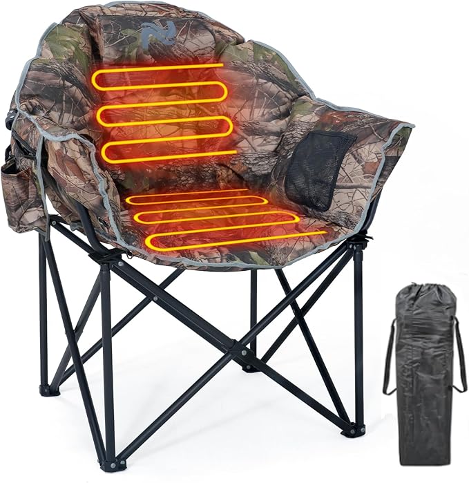 LILYPELLE Oversized Heated Camping Chair, Patio Lounge Chairs with 3 Heat Levels, Portable Folding Heated Chair Round Moon Saucer Folding Lawn Chair Outdoor Chair for Camping, Lounge Patio
