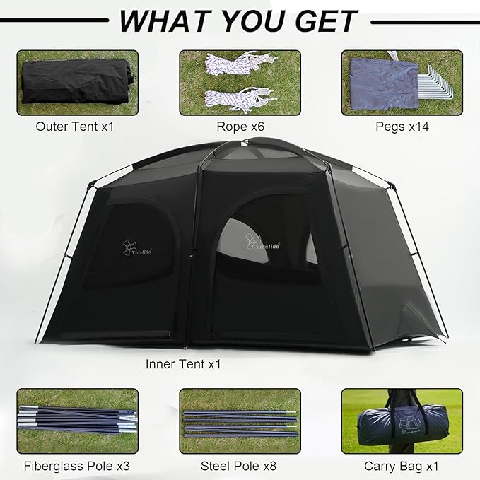 Vidalido Tents，6-8 Person Camping Tent with Extended Vestibule，2 Room Weather Resistant Family Tents，Easy Install Waterproof Outdoor Tent for Backpacking and Camping Hiking