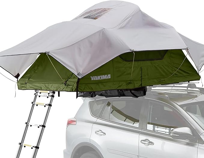 Yakima SkyRise Medium Nylon Rooftop Camping Tent for 3 People with Ladder, Mesh Skylights, and 2.5 Inch Foam Mattress with Removable Cover, Green