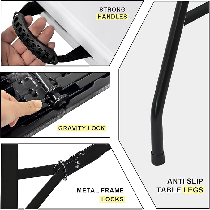 70.8" W X 29" D X 29" H - 6 ft Folding Table Black Wood Grain Portable Heavy Duty Plastic Fold-in-Half Utility Foldable Table for Camp，Picnic & Party
