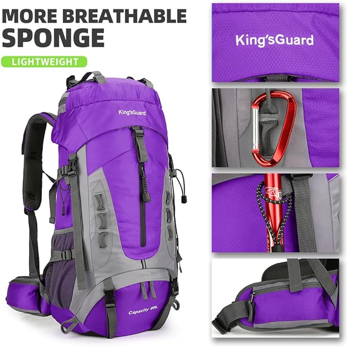 King'sGuard 60L Hiking Backpack for Men and Women Lightweight Camping Hiking Backpack with Rain Cover Large Waterproof Travel Backpack Backpacking Pack (Purple)