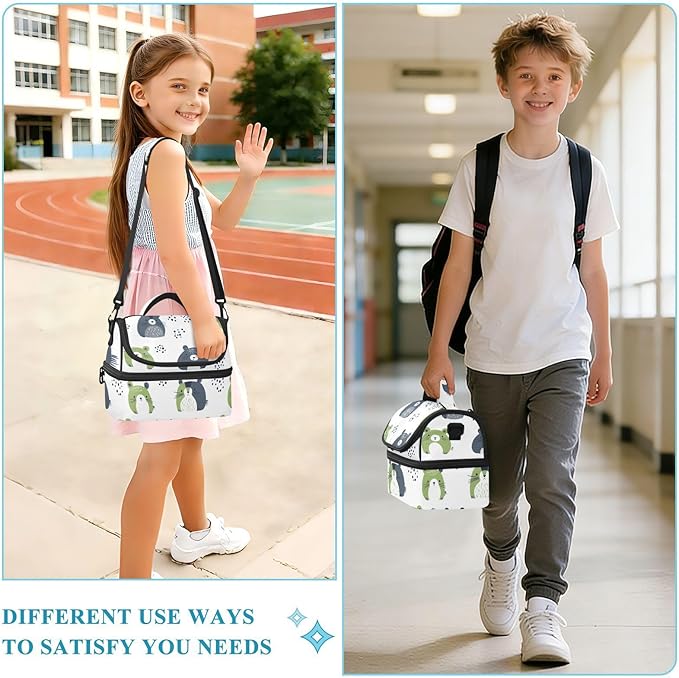 Double-layer Lunch Bag safaris Simple Bears Green Soft Cooler Cooling boxes? with Detachable Shoulder Strap for Beach, Camping, Road Trips