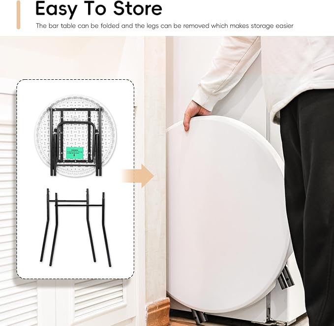 Cocktail Table 28in Portable Folding Bar Height Table, Compact Round High Top Plastic & Steel Bistro with Removable Legs, for Indoor Outdoor RV Patio Catering Parties Commercial Events-1pc