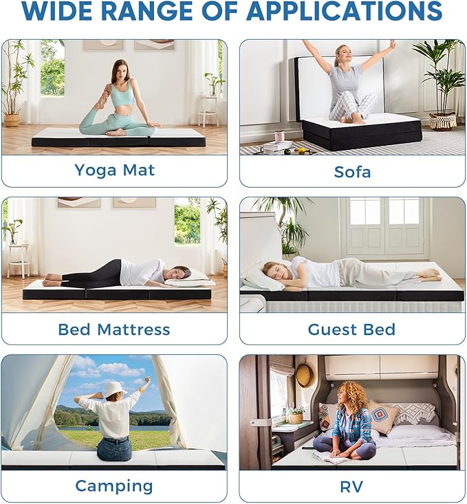 OLIXIS Tri-fold Memory Foam Mattress - 3 Inch Full Size Portable Floor Bed, Foldable Mat for Adults, Collapsible and Washable Cover with CertiPUR-US Certified, for Travel & Camping & Yoga