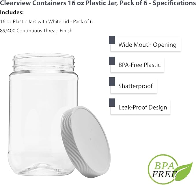 Plastic Storage Jars with Leak Proof Lids, BPA Free, Hand Wash Only (16oz Jar, 6PK)