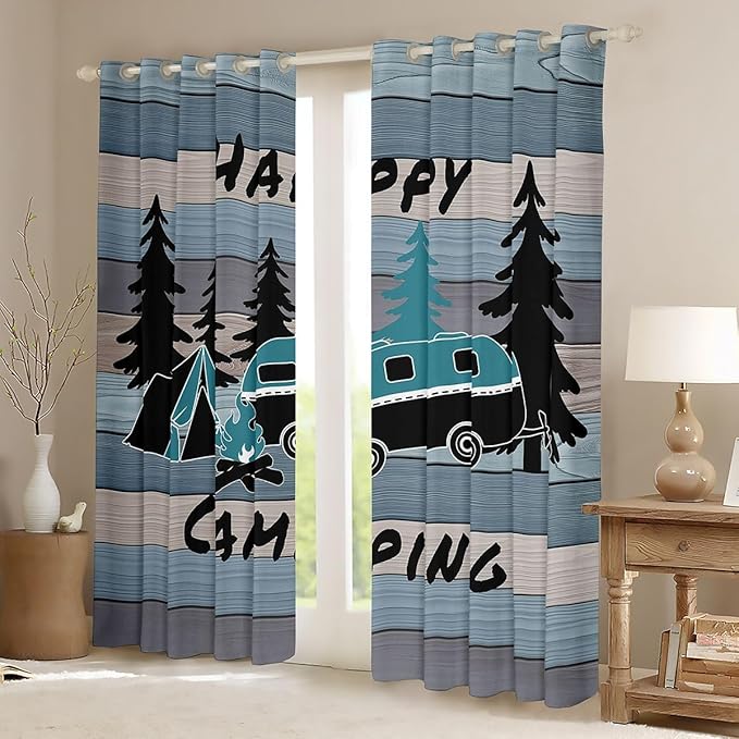 Camper RV Trailer Blackout Curtains,Tent Bonfire Campfire Pine Nature Window Drapes,Wooden Plank Cabin Rustic Nursery Bedroom Playroom Decor,Country Blue 2 Panels,52Wx90L inch