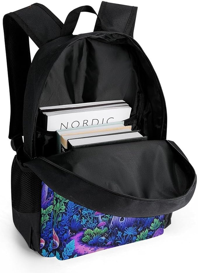 Supdreamc Backpack Polyester Anti-Theft Multipurpose Magic Mushroom Neon Purple Pattern Bookbag Large Capacity Laptop Book Bag Rucksack With Side Pockets