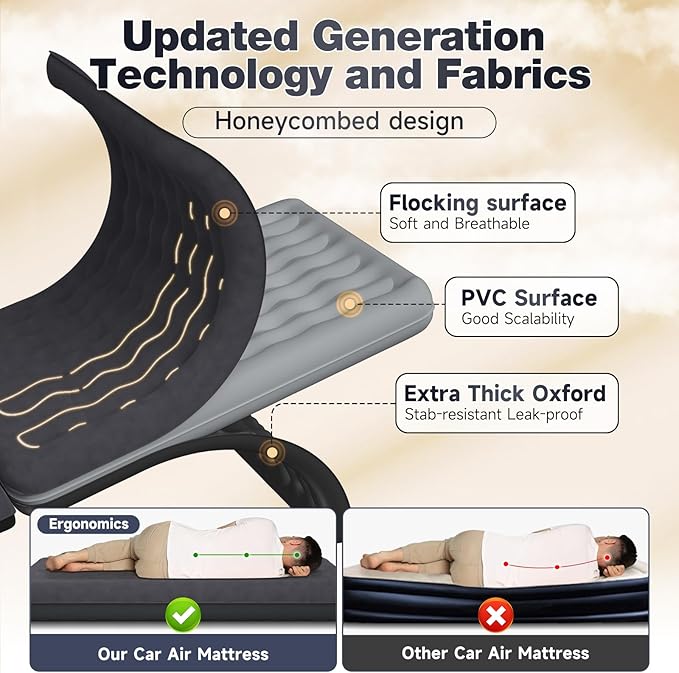 Back Seat Car Air Mattress: Inflatable SUV Car Camping Bed for Truck Van, Thickened Double-Sided Flocking Travel Car Sleeping Pad with Air Pump 2 Pillows
