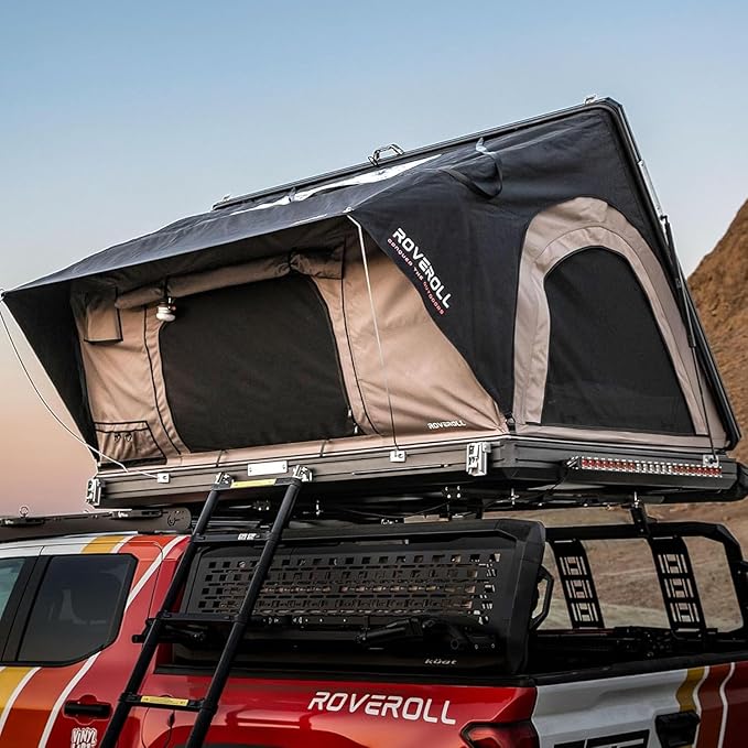 Rooftop Tent, Hardshell Roof Top for 2-4 Person, with Aluminum Telescopic Ladder, LED Strip Light