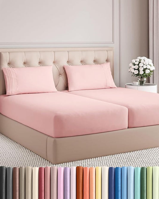 Split King Size 5 Piece Sheet Set - Comfy Breathable & Cooling Bed Sheets Set - Hotel Luxury Bedding for Women, Men, Kids, Teens, Boys & Girls - Deep Pockets, Soft, Wrinkle Free - Oeko-Tex - Baby Pink