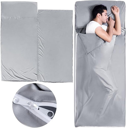Sleeping Bag Liners with 2 Way Zipper, Adult Sleep Sack Travel Sheets for Hotel/Hostels/Business Trips, Lightweight Single Camping Sheet Sleep Bag Liner Warm & Cold Weather, Gray