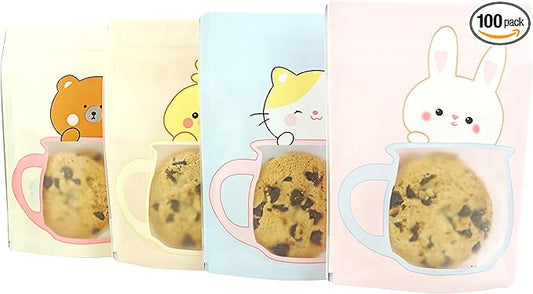 QQ Studio Animal Designed Snack Bags, Plastic Bakery Bags, Cute Favor Bags for Snacks, Pastel Cookie Bags with Window, Zipper Seal Treat Storage Bags (5 Inch x 7 Inch, Assorted Animal)