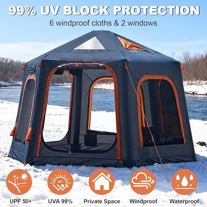 Inflatable Tents for Camping with Stove Jack, 2/4/6/8 Person Easy Setup Blow Up Tents for 4 Seasons Waterproof Inflatable Camping Tent with Awning, Air House Glamping Tents for Camping Adult