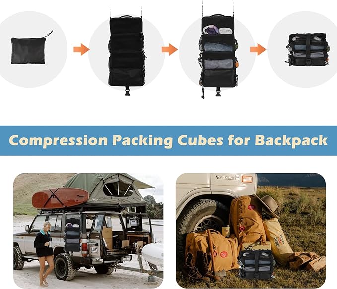 Surblue Travel Hanging Packing Cubes with 2 Hooks Hanging Shelves for Luggage Organizers Portable Compression 4 Shelf Closet Carry-on Suitcases Organizers, Small, Black