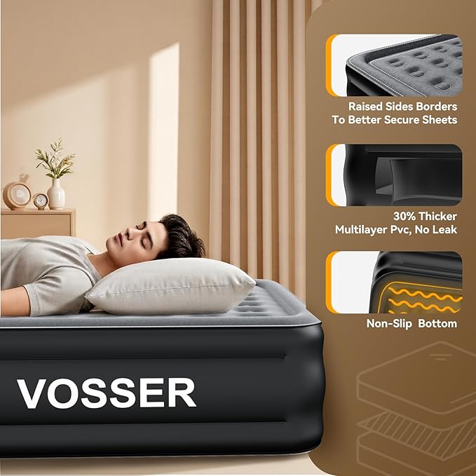King Size Air Mattress with Built in Pump Raised,18’’King Air Mattress,Blow Up Mattress in 3 Mins,Self Inflatable Mattress for Home,Floor&Travel,Portable Air Bed for Adults,750LB Max,Black