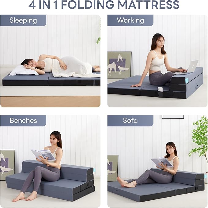 LIKIMIO Folding Mattress Full, High Density Foam Mattress with Breathable and Washable Cover & Storage Bag, 4 Inch Foldable Mat Topper for Camping, RV and Yoga, Handle Design, Blue