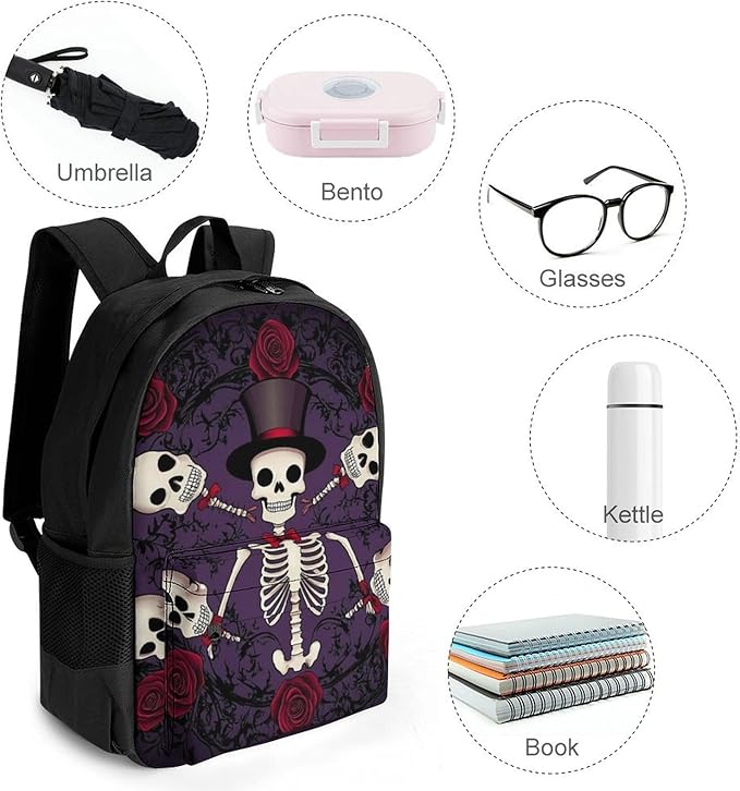 Supdreamc Men Women Polyester Day Of The Dead Red Rose Magic Hat Skeleton Sugar Skulls Daypack Backpack Large Capacity Carry On Bag With Smooth Zippers for Hiking Picnic Walking Cycling