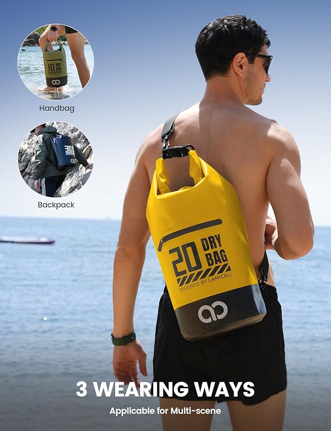 Lamicall Waterproof Dry Bag with Phone Pouch, Floating Roll Top Backpack, 10L, Yellow
