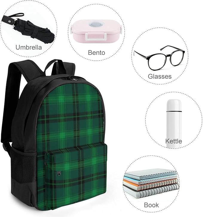 Adults Lightweight Black Green Scottish Tartan Plaid Shoulder Book Bags Big Capacity Shoulder Bag With Adjustable Shoulder Straps for Trekking Work Walking Cycling
