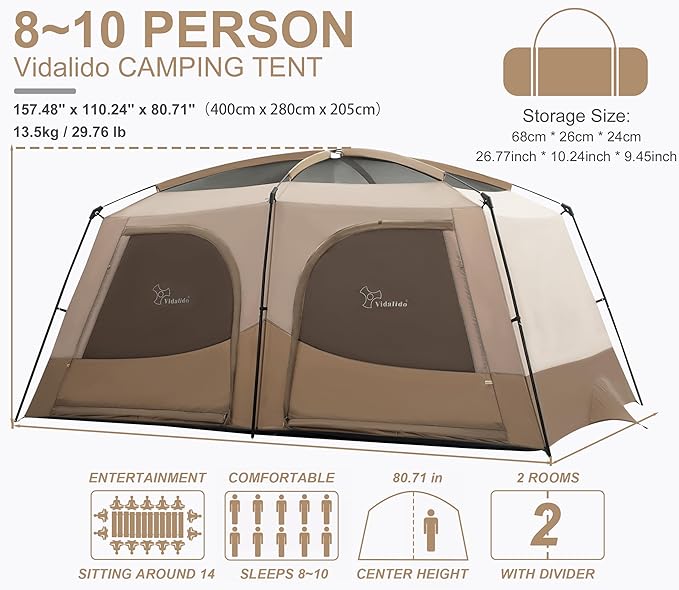 Vidalido Tents，8-10 Person Camping Tent with Extended Vestibule，2 Room Weather Resistant Family Tents，Easy Install Waterproof Outdoor Tent for Camping Hiking
