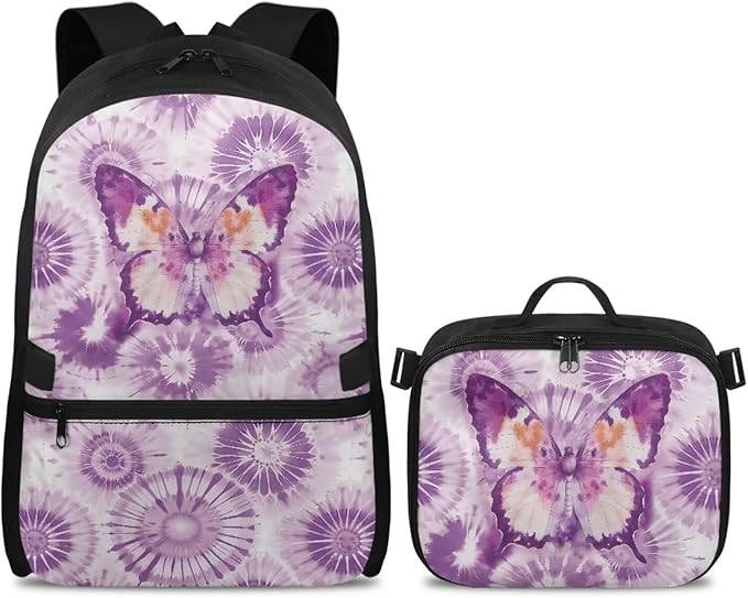 HUGS IDEA Purple Butterfly Backpack for School Girls Bookbag and Lunch Box for Kids 17 Inch Backpack Purse for Elementary Children Lightweight School Bookbag for Students