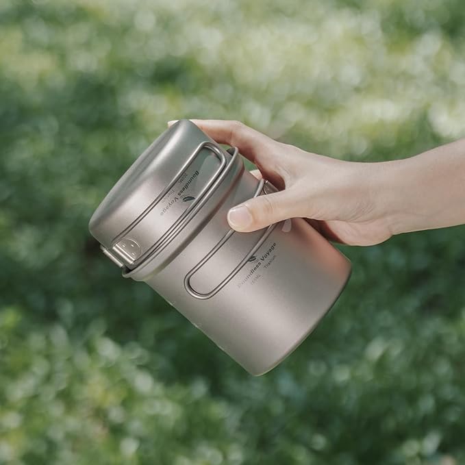 iBasingo Backpacking Cookset Titanium Camping Pots Set Ultralight Outdoor Picnic Pots Pans with Folding Handle Druable Portable Cooking Mess Kit Compact Picnic Dishes Bowls Cups (Multiple Sizes)