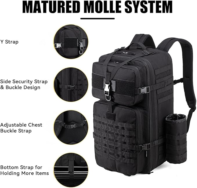 Tactical Backpack for Men, 50L/60L/70L Expandable Military tactical Backpack, Waterproof MOLLE Hiking & Camping Rucksack with Water Bottle Bag, Assault Pack & Bug Out Bag for Outdoor