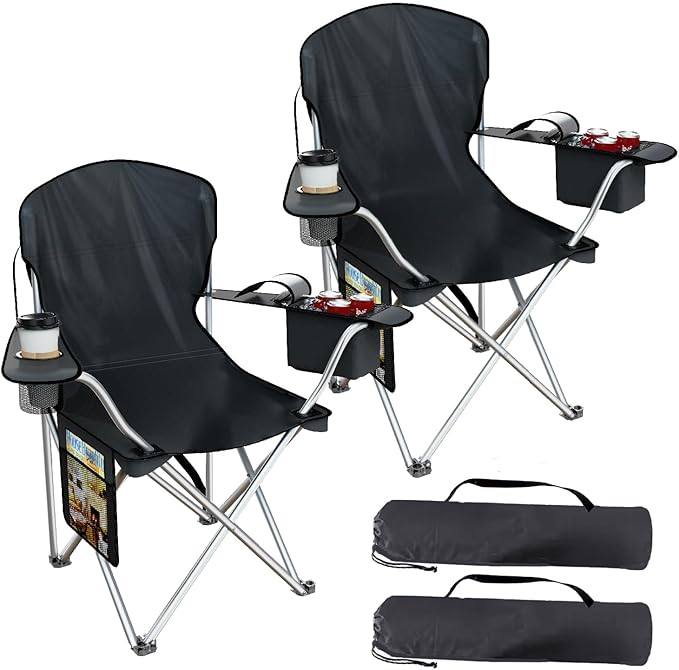 Folding Camping Chairs Durable 600D Oxford, Portable Outdoor Chair with Cooler Pouch, Cup Holder & Storage Pocket for Camping, Beach, Fishing