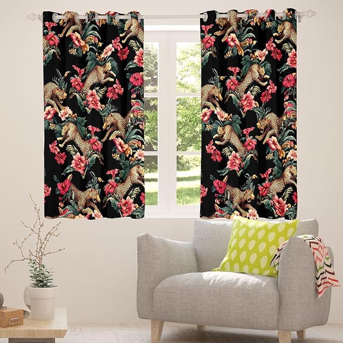 Brown Leopard Window Curtain | Tropical Palm Leaf Window Treatment Curtain,Teens Woman Men Wild Animals Cheetah Bedroom Curtains Vintage Africa Jungle Living Room Decor Top 2 Panels,52Wx96L
