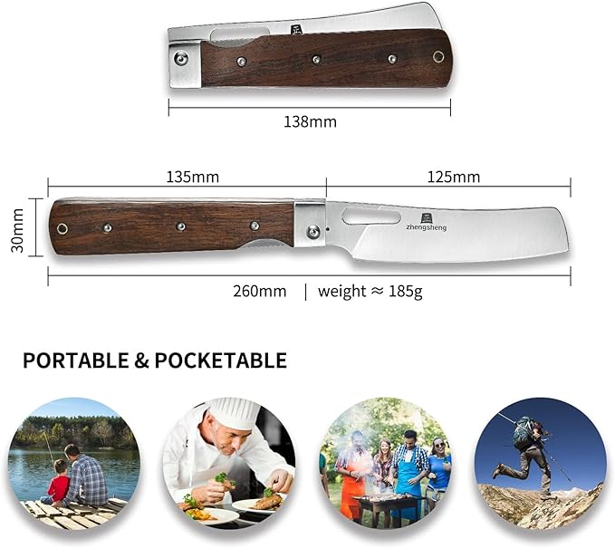 Folding Chef Knife with Nylon Pouch 4.8" Sharp 440A Stainless Steel Blade Wooden Handle Pocket Foldable Japanese Style Kitchen Knife for Outdoor Camping Cooking